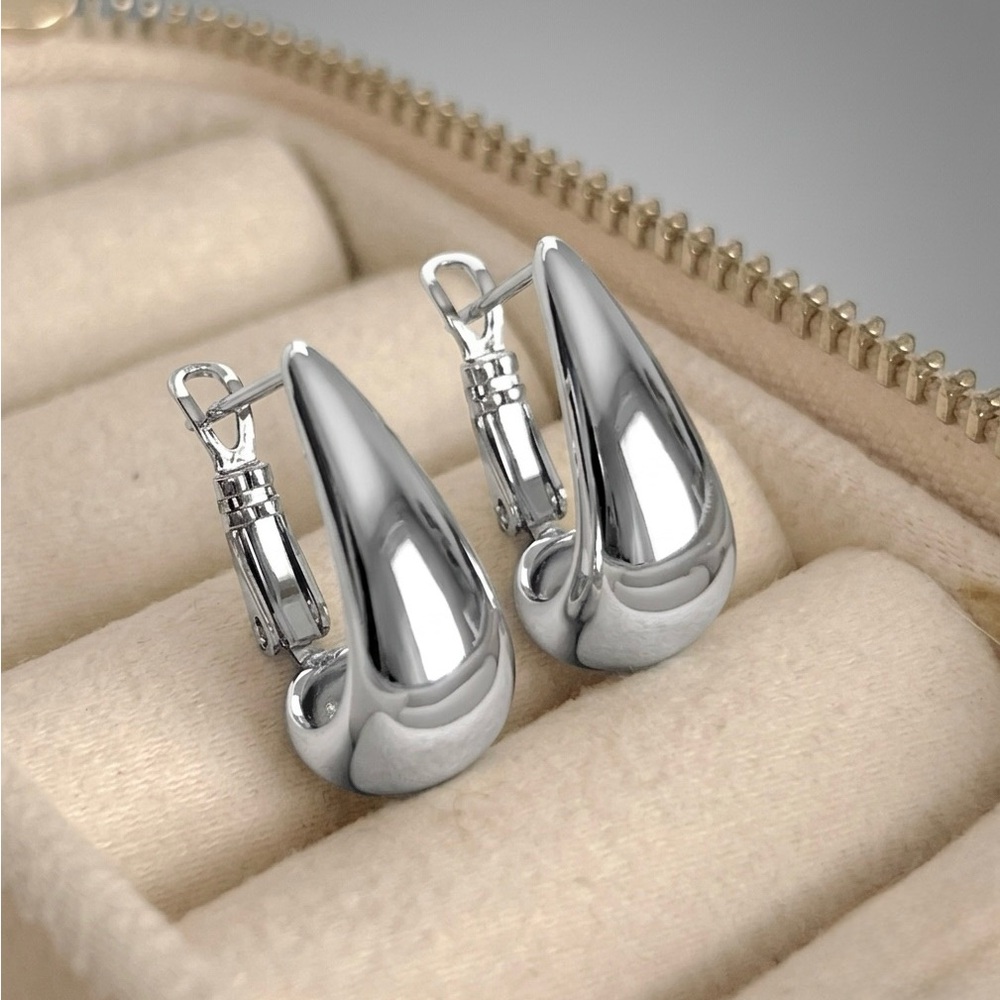 Bottega Style Platinum Plated Puffy Teardrop Hoop Earrings Water Resistant